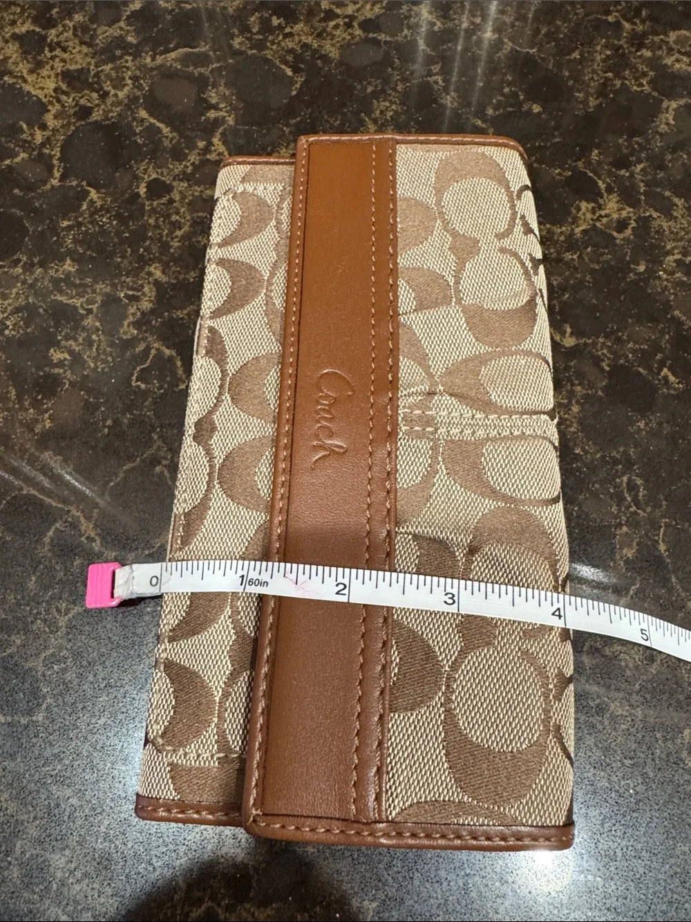 Coach Tan Signature “C” Canvas trifold Wallet with Brown Leather Trim embossed